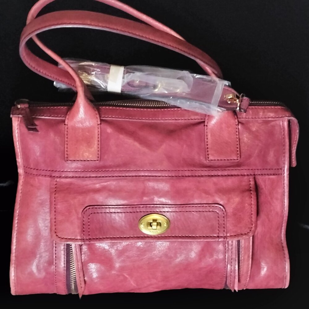 Fossil Vintage Leather Handbag Purse Burgundy Maroon with Gold Hardware EUC